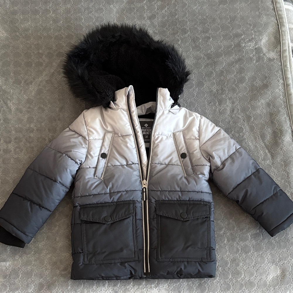 Kids Gradient Puffer Jacket with Faux Fur Hood
